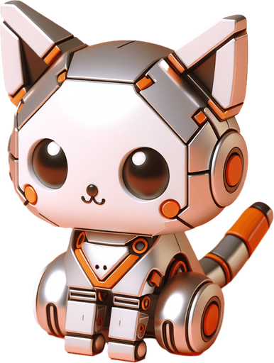 3d robotic kawaii steel kitten white and vibrant orange colour.
Single Game Texture. In-Game asset. 2d. Blank background. High contrast. No shadows.