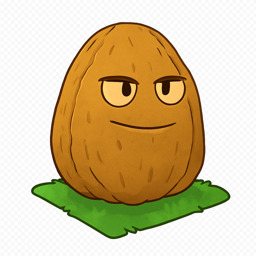 Nuez inspirada en Plants vs. Zombies 1. Una gran nuez de color marrón con textura rugosa y mirada serena pero decidida. Está plantada sobre una baldosa de césped en un jardín soleado. No está en combate ni dañada, solo en posición defensiva y tranquila. Estilo caricaturesco, líneas suaves, colores cálidos y sin sombras. Fondo transparente, ideal como asset 2D para videojuego. que este feliz o