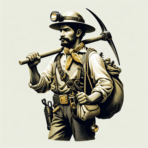 A gold miner.
Single Game Texture. In-Game asset. 2d. Blank background. High contrast. No shadows.