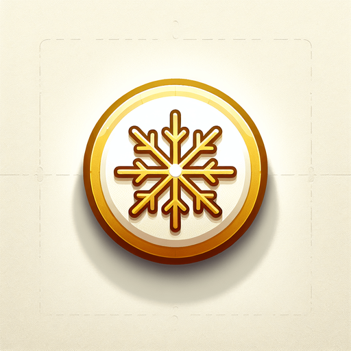 icon for a golden snowflake, on a circle, on the top is the text: "golden snowflakes" cartoon Single Game Texture. In-Game asset. 2d. Blank background. High contrast. No shadows.