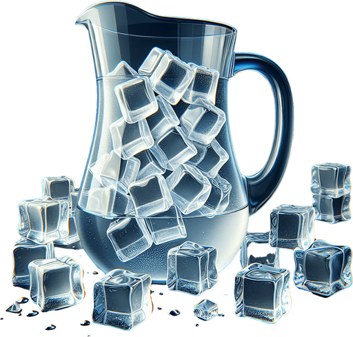 A pitcher full of nice fresh water and ice cubes..
Single Game Texture. In-Game asset. 2d. Blank background. High contrast. No shadows.