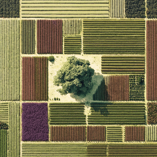 The same image, but in a lush green setting, where grass is growing in all the fields.