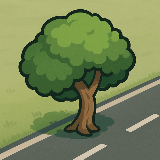 A 2D top-down tree (a little bit short and weird) viewed from a slight rear top angle, positioned beside a road, showing the top and a bit of the back side. The tree is slightly angled to match the camera perspective, with visible foliage and trunk shape. Daylight, clean background, suitable for roadside environment in a driving game..
In-Game.
In-Game asset.  2d.  High contrast.  No shadows