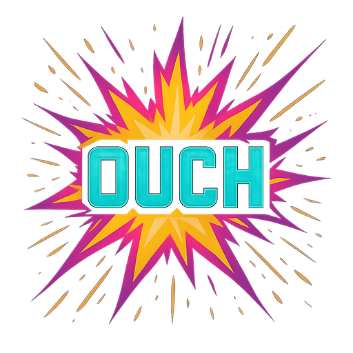 cyberpunk explosion with the word "ouch" in the middle. sparks.
In-Game asset.  2d.  High contrast.  No shadows