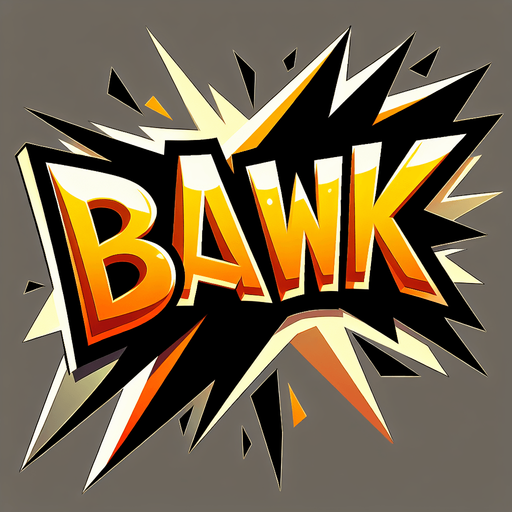 Cartoon-style rectangular speech bubble with a sharp, dynamic outline. Inside the bubble, create the text ‘BAWK’ in bold, vibrant orange-to-yellow gradient lettering, with a thick black jagged shadow for contrast. The text should have a dynamic comic-style font and appear slightly 3D. The bubble should have a sharp tail pointing downward, consistent with comic-style speech bubbles. The intent is that we are shouting "BAWK"..
Single Game Texture.  In-Game asset.  2d.  Blank background.  High contrast.  No shadows