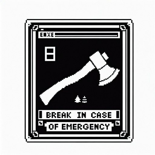 Break in case of emergency square. Ax drawing inside. simple. 8-bit. cartoon. blackand white..
Single Game Texture. In-Game asset. 2d. Blank background. High contrast. No shadows.
