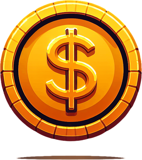 Gold coin with dollar sign.
Single Game Texture.  In-Game asset.  2d.  Blank background.  High contrast.  No shadows