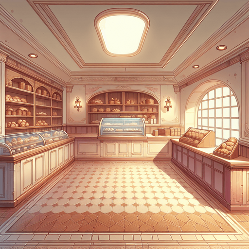 interieure de patiserie vide avec uniquement le sol et les murs.
Single Game Texture. In-Game asset. 2d. Blank background. High contrast. No shadows.