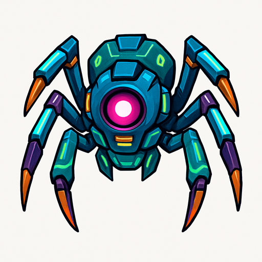 different cyber spider small enemy from the front side facing camera. HD colors. separated
In-Game asset.  2d.  High contrast.  No shadows