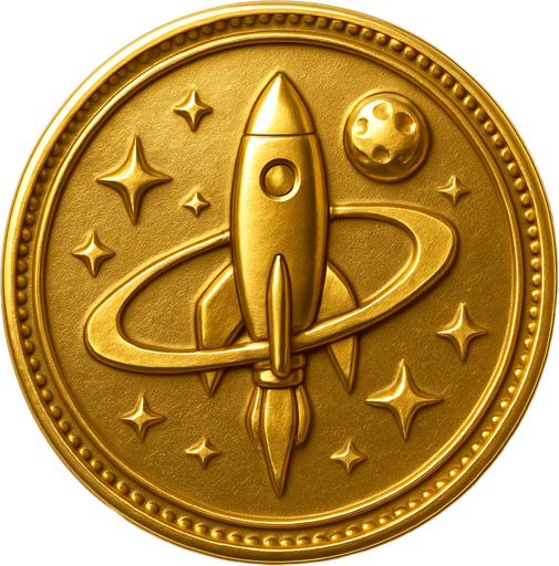 Uzay temalı altın coin, gerçekçi, yazısız üstten görünüm. 
In-Game asset.  High contrast.  No shadows