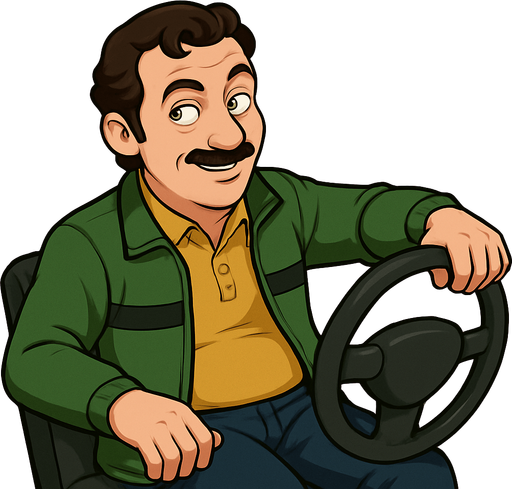 akasya durağından Sinan taxi sürüyor. image of a driver Sinan, depicted in a 3/4 view. The driver should be leaning back casually and look right, , with one hand on the wheel as if driving. Single Game Texture. In-Game asset. 2d. Blank background. High contrast. No shadows. It should look like sinan in akasya duragı and looks mischef.
In-Game asset.  2d.  High contrast.  No shadows