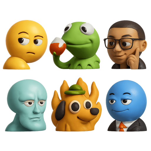 sprite sheet of famous modern meme faces of Looking over shoulders,
Kermit sips tea,
Smart Guy,
Chad Squidword,
Dog on Fire everything is fine,
Stonks. each face shaped as a round marble shaped face made in blender 3D