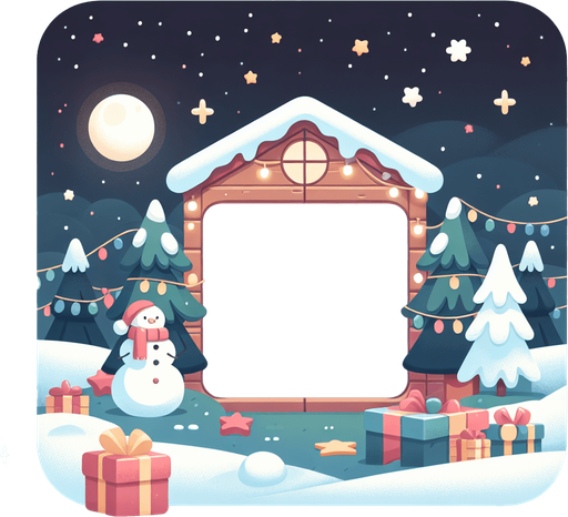 Outdoor, nighttime Christmas Background for puzzle game. Cartoon. Pastel colors, flat shaded, vector art. Full width blank square in center. Sharp corners.