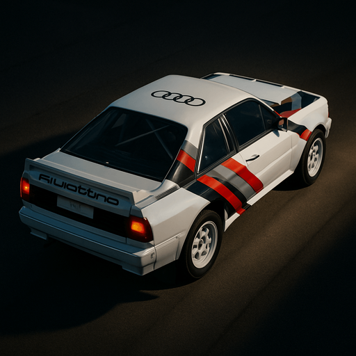 Photorealistic white audi b2 quattro RALLYCAR with red,grey,black stripes livery, drone topview from back in night. Angle should be 45 degrees in the top right corner of the screen.