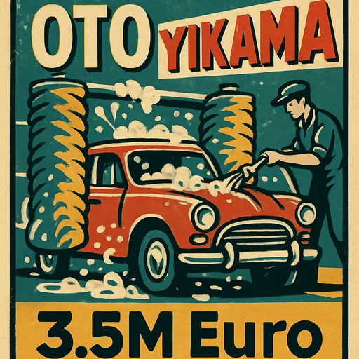 Oto yıkama ile alakalı bir görsel oluştur . Bu görselin altında 3.5M Euro yazsın. Retro temada bir görsel olsun ..
In-Game asset.  2d.  High contrast.  No shadows