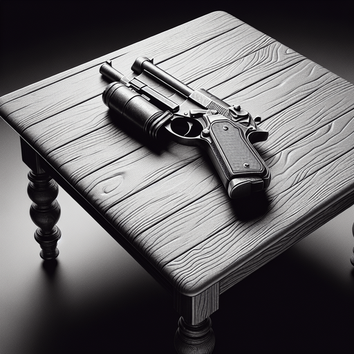 a table with a gun.
In-Game asset. Blank background. High contrast.