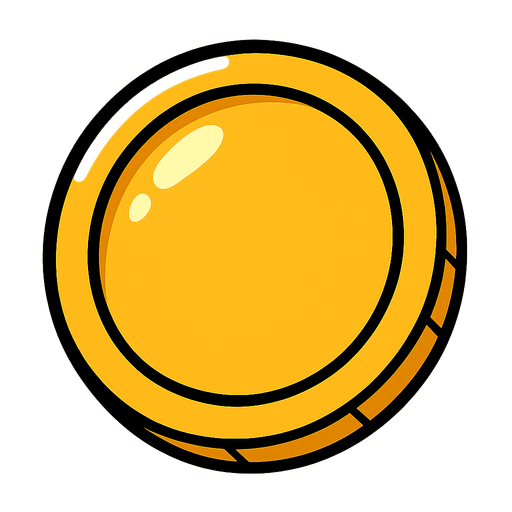 Simple golden coin, rounded, shiny, big black outline, funny