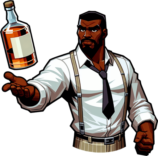 upper torso of a western cartoon barman getting ready to throw a bottle of whiskey..
Single Game Texture. In-Game asset. 2d. Blank background. High contrast. No shadows.