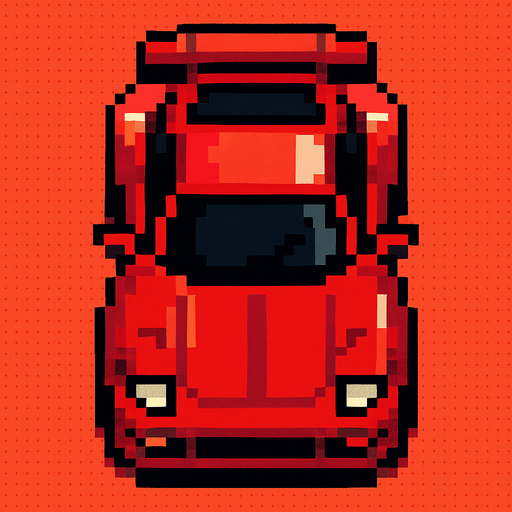un carro rojo deportivo con la perspectiva hacia arriba.
In-Game asset.  2d.  High contrast.  No shadows hecho con pixeles