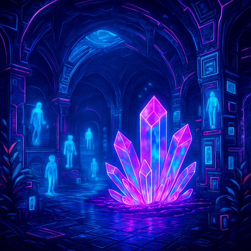 Neon cyberpunk manga subterranean underground tunnels crystal caverns glowing huge ancient technology ruins futurustic underworld holograms spirits projections magical dimension cave background image deep caverns majestic background scene landscape tech purgatory catacombs maze