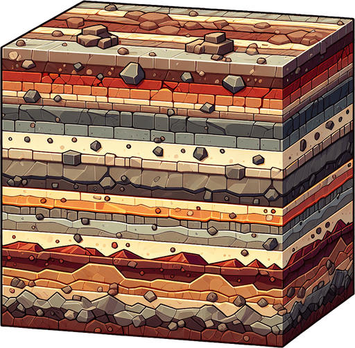 A 2D side-view of the layered earth, like a side-scrolling game environment. 
No cubes or spheres—just a wide rectangle showing layered dirt and rock strata, 
with distinct horizontal bands in different shades of brown and gray. 
Some layers can have small stones, fossils, or subtle traces of ore. 
The style is slightly cartoonish, with clear outlines and warm earthy colors.
Make the top layer a rocky or dirty layer to indicate the deeper layers, 
then progressively much darker and more red as it goes deeper indicating lava rock.
Single Game Texture.  In-Game asset.  2d.  Blank background.  High contrast.  No shadows. Side View. Rectangle. Square. Not a Cube, Horizontal view, lateral view, sideward view, Side angle.