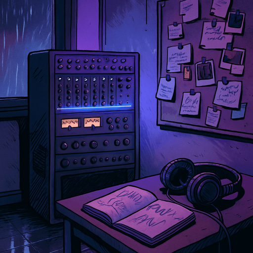 A 2048x2732 vertical background illustration in a semi-realistic comic book style. The scene shows a quiet corner of the same small urban apartment, viewed from a different angle than the main menu. This part of the room features a vintage sound mixing rack, ambient LED lights softly glowing in purple and blue tones, and a corkboard on the wall filled with pinned notes, small polaroid photos, and scribbled music ideas. An open sketchbook with waveform doodles lies on a side table, and worn-out headphones rest beside it. A faint rain still falls outside the partially visible window, casting reflections on the floor. The overall mood remains lo-fi, introspective, and musically charged. No characters, no text — just a lived-in, creative space for the settings menu backdrop..
In-Game asset.  2d.  High contrast.  No shadows