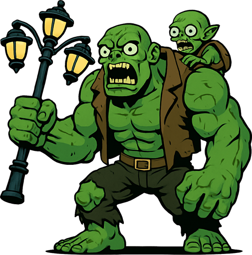 Un zombi gigante y musculoso de piel verdosa. Viste un chaleco marrón roto y pantalones oscuros desgarrados, dejando ver parte de sus piernas. En su mano derecha, blande un poste de luz improvisado con cuatro farolas, usándolo como arma. Sobre su espalda, lleva a un zombi pequeño, sujeto por unas correas. Sus ojos son grandes y saltones, y su boca está abierta mostrando una dentadura irregular, dándole una expresión de furia..
In-Game asset.  2d.  High contrast.  No shadows