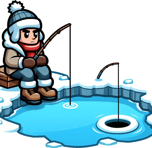 Мультяшный рыбак зимой сидит рыбачит.
Single Game Texture.  In-Game asset.  2d.  Blank background.  High contrast.  No shadows
