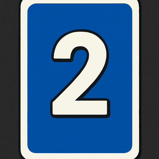 Rectangular card numbered 2, with a white border around it and a blue background..
In-Game asset.  2d.  High contrast.  No shadows