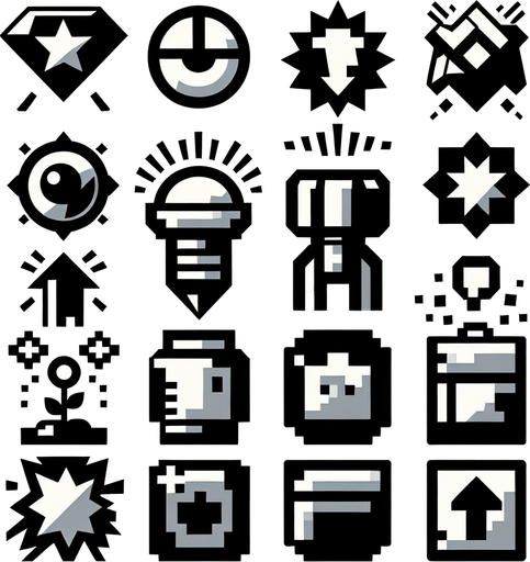 Power up symbols.
Single Game Texture.  In-Game asset.  2d.  Blank background.  High contrast.  No shadows