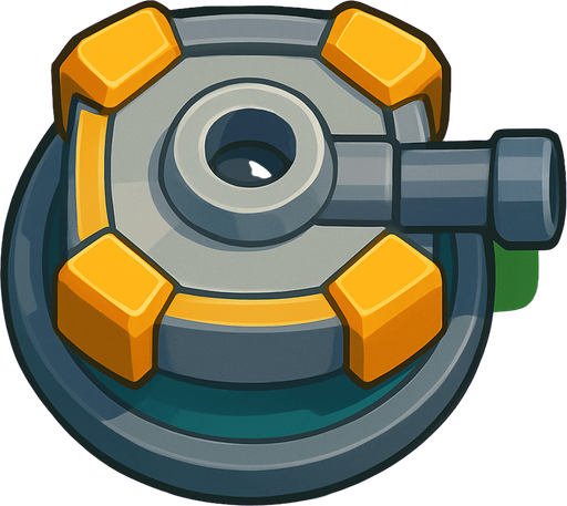 Crea la Torre Default en un estilo 2D renderizado, limpio y cartoonish, con contornos claros y definidos, colores vibrantes con transiciones suaves, y sombreado que da volumen a sus superficies superiores.
La perspectiva debe ser VISTA CENITAL (totalmente desde arriba). Esto significa que la torre se verá como si estuviera siendo observada directamente desde arriba, con los detalles de su parte superior siendo prominentes.
La base de la torre debe ser circular para permitir un movimiento de cañón cómodo. El cañón o la ranura de disparo debe estar orientado hacia la DERECHA en su diseño base (desde la vista cenital).
La torre debe tener un perfil bajo y la menor cantidad de relieve vertical posible para facilitar una rotación fluida en la animación..
In-Game asset.  2d.  High contrast.  No shadows