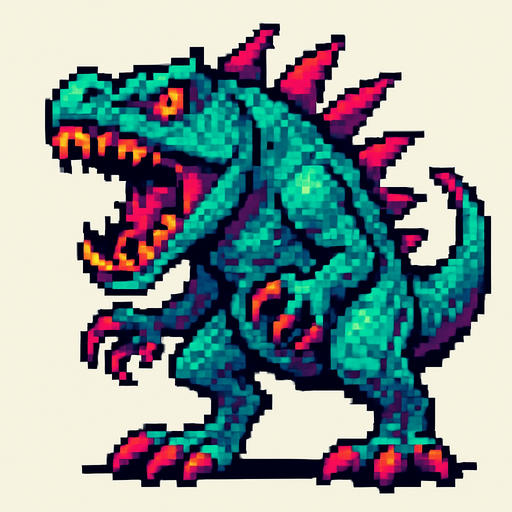 90'lardaki retro oyun dinazoru. vahşi olsun. diğer canavarlarda gibi olmayan renk olsun
In-Game asset.  2d.  High contrast.  No shadows