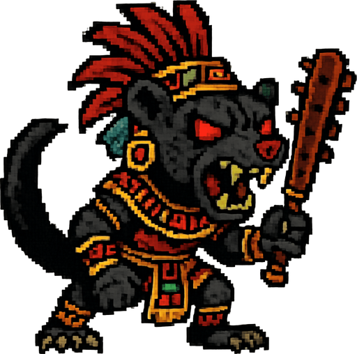 Genérame una Tayra guerrero azteca con eso patrones, estilo pixelar, con una apariencia maligna, ojos rojos, rabioso. Unidad cuerpo a cuerpo. Animal.
In-Game asset.  2d.  High contrast.  No shadows