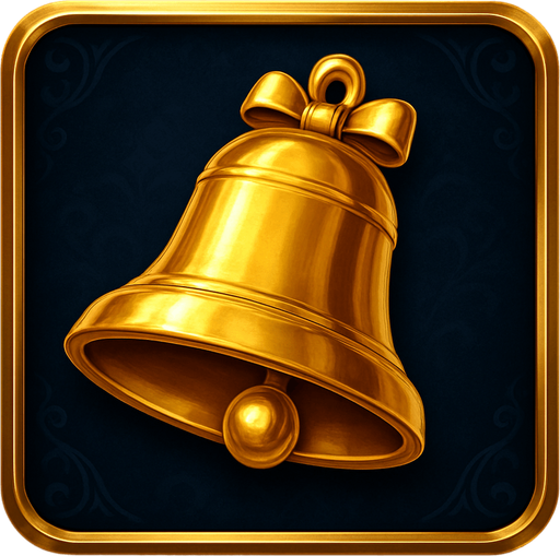 Crea un asset visual completo para el símbolo 'D' de Megaways: una Campana Dorada, directamente sobre su panel de fondo.

Diseño General:

Forma: Un panel cuadrado o ligeramente redondeado.

Fondo del Panel: Terciopelo oscuro (negro o azul noche) o un metal pulido muy oscuro.

Borde: Un borde elegante dorado o plateado alrededor del panel.

Detalles del Fondo: Puede tener un patrón sutil de filigrana de casino en las esquinas del panel.

Símbolo Central (la Campana):

Una campana clásica de tragamonedas, con un acabado dorado metálico y pulido, posicionada centralmente.

Debe tener un brillo sutil y un diseño elegante.

Puede tener un pequeño lazo o detalles decorativos..
In-Game asset.  2d.  High contrast.  No shadows