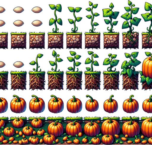 A spritesheet showing a pumpkin plant in various stages of germantion, from seed over sapling and to full grown plant with ripe pumpkin. The sprites should be laid out in a rectangular grid with blank space between them..
Single Game Texture. In-Game asset. 2d. Blank background. High contrast. No shadows.
