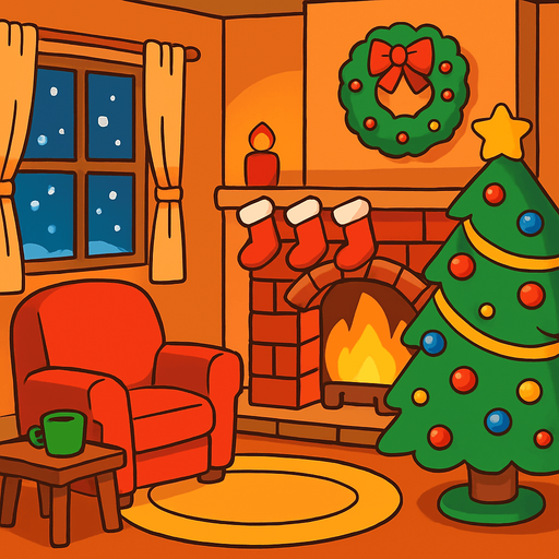 a cartoon style 3d image of a cozy christmas living room with a cozy fire in a fireplace..
In-Game asset.  2d.  High contrast.  No shadows