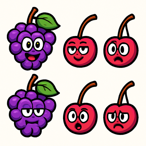 Grapes and Cherry sprites with eye and mouth animation.
In-Game asset.  2d.  High contrast.  No shadows