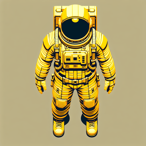 Create a top down view of an astronaut in a bright yellow space suit.
Single Game Texture. In-Game asset. 2d. Blank background. High contrast. No shadows.