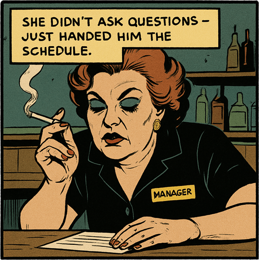 A comic panel styled like a square photo print with a clean white border. Realistic comic art. Scene: Close-up of a middle-aged woman with bold makeup, cigarette in hand, leaning over the bar. Her name tag reads “Manager.” Narrator box at the top reads: “She didn’t ask questions — just handed him the schedule.”.
In-Game asset.  2d.  High contrast.  No shadows