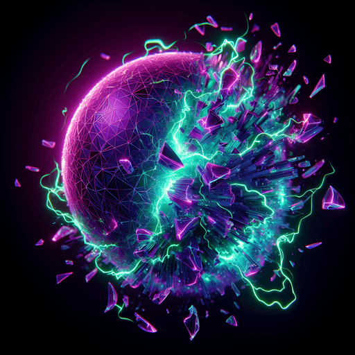 Fractured Sphere Icon:

A glowing orb breaking apart into jagged, floating shards, with chaotic energy swirling around it..
Colors: Neon purple, black, and electric green.