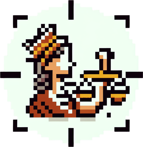 justice logo. 8-bit. cartoon..
Single Game Texture. In-Game asset. 2d. Blank background. High contrast. No shadows.