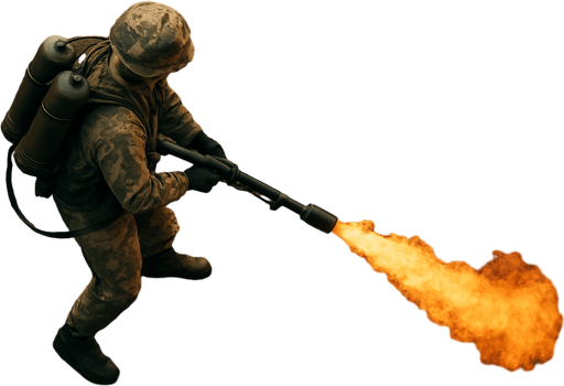 Army soldier with flamethrower, top view from drone