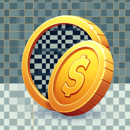 One gold coin.
Single Game Texture.  In-Game asset.  2d.  Blank background.  High contrast.  No shadows