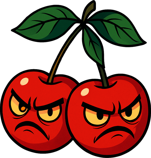 La Petacereza es un par de cerezas gemelas de un rojo intenso y brillante, unidas por sus delgados tallos que se juntan en una pequeña ramita coronada por tres hojas verdes oscuras. Cada fruto tiene rasgos agresivos: ojos amarillentos con iris rojizos y cejas fruncidas, y bocas torcidas en muecas de enfado que sugieren su inminente explosión. Sus superficies lucen suaves, con leves reflejos que acentúan su redondez perfecta..
In-Game asset.  2d.  High contrast.  No shadows