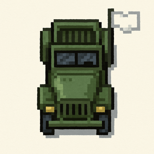 beyaz bayrak çeken askeri araba
 top-view. gta 2. seen from above. Single Game Texture. In-Game asset. 2d. Blank background. High contrast. No shadows. pixelated. 8 bit