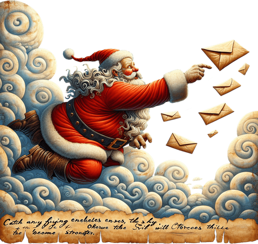 a pergament of santa catching a flying envelope in the sky. There is the text "Catch any flying envelopes in the sky. Otherwise the evil forces will become stronger."