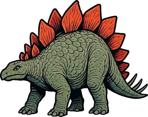 A large Stegosaurus dinosaur with a bulky body covered in grayish-green rough scaly skin. Its back is lined with two rows of large, reddish plates that gradually taper toward the tail. The tail ends with four long, sharp spikes (thagomizer) for defense. The small head has a beaked mouth and gentle eyes. The skin shows detailed scales and subtle wrinkles, giving it a lifelike prehistoric look..
In-Game asset.  2d.  High contrast.  No shadows