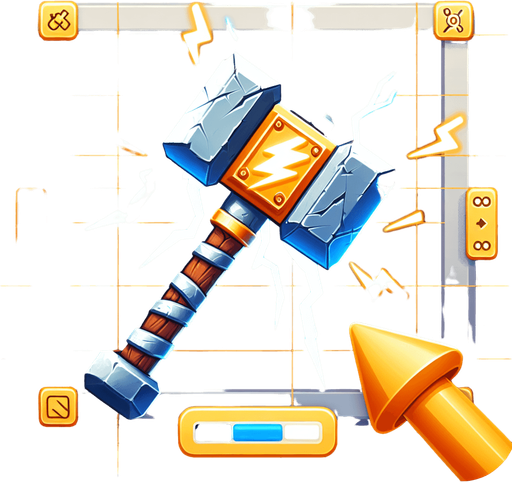 hammer with lightning.
Single Game Texture. In-Game asset. 2d. Blank background. High contrast. No shadows.