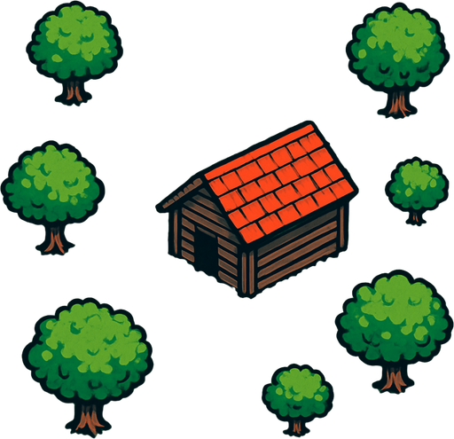 a top view of a grass field with a cabin and some trees.
In-Game asset.  2d.  High contrast.  No shadows