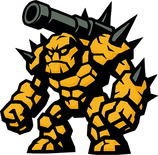 un golem de piedra grande con picos y con un cañon de tanque en la espalda.
In-Game asset.  2d.  High contrast.  No shadows